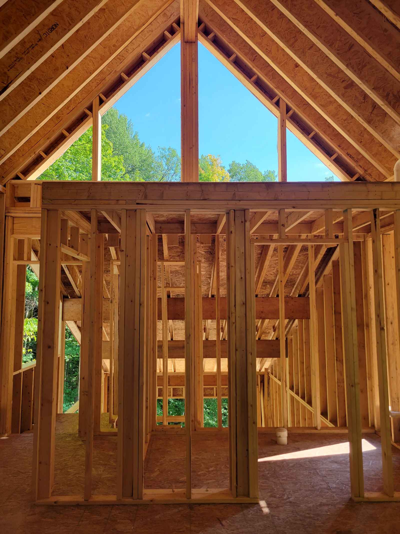 Interior framing of a vaulted great room: exposed rafters and stud walls in golden lumber with a triangular gable window onto greenery